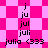 Pixelated text 'j', 'ju', 'jul', 'juli' stacked vertically above 'julia <333' on pink and white checkered backgrounds with diamond-shaped patterns.