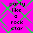 A static image with a bright pink background and green diamond-shaped pattern, displaying the text "party like a rock star" in black pixelated font arranged in two vertical