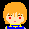 Pixel art character with orange hair and blue-yellow clothing showing four facial expression variations.