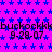 Animated icon with repeating blue star pattern on purple background, displaying repeated text strings and timestamps in black font.