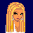 Pixelated image of a blonde woman with long hair, wearing white clothing and earrings, against dark blue background with light blue text.