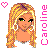 Pixel art icon of a cartoon woman with long blonde hair, green eyes, and pink text elements on white background.