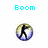Pixelated circular icon with a black stick figure holding a gun, set against a gradient background of yellow and purple hues.