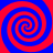 Four red and blue spiral patterns arranged in a on a solid background, each spiral rotating clockwise with alternating color bands