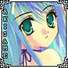 six identical anime-style character portraits with blue hair and green eyes, each framed by a decorative border containing vertical text