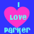 Pixelated pink heart with cyan text 'I love parker' on blue background, two identical static frames shown side-by-side.