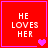 Red square icon with white text 'HE LOVES HER' and pink border, featuring pixelated heart symbols in different configurations across frames.