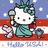 Pixelated Hello Kitty character in a blue dress holding an ice cream cone and red object, standing on a striped platform with 'Hello USA!' text below.