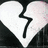 A broken white heart on black background, a purple eye with heart-shaped pupil, and abstract shapes including a mushroom-like figure with pink dot.