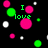 Black background with scattered pink, green, and white circles; green text reads "I love" above a large pink circle.