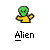 Pixelated green alien head with black eyes and mouth, wearing a yellow shirt, arms outstretched, on gray background with 'Alien' text below.