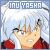 Pixelated image of a character with light skin and dark hair, wearing red clothing, raising one hand against a light blue background with 'INU YASHA' text at top.