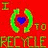 Four pixelated display "I (recycling arrows) to RECYCLE" with heart symbols in blue, pink, yellow, and red against colored backgrounds
