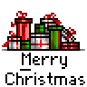 Animated Christmas-themed buddy icon featuring stacked gift boxes with red bows and a yellow running stick figure, displayed across five sequential frames in a contact sheet layout.