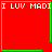 Red square with green border displays "I LUV MADI" text and two distinct pixel symbols in bottom-right corners across frames.