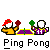 Pixelated image of two characters playing ping pong with a purple table, green net, and white ball on gray background.