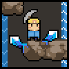 Pixel art of a miner character with yellow hair and blue shirt holding a pickaxe, standing on brown rock in a dark cave with blue water columns.