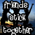 Pixelated image with white text reading "franda stick together" over a dark silhouette against a blue sky background.