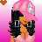Pixel art contact sheet showing a female character in four frames with varying poses and clothing, set against a pink background with orange hearts.
