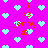 Pixelated icon with bright pink background, light blue hearts scattered throughout, and repeated orange text elements.