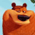 Pixelated orange-brown bear with rounded ears, wide open mouth showing dark interior, light blue background, static image.