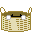 Pixelated black cat with white eyes and paws peeks from a beige wicker basket, showing multiple expressions including neutral, smiling, and surprised.