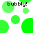 Green circular shapes and text 'bubbly!' on white background with pixelated style.
