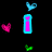 Pixelated text and floating hearts on black background with gray rectangle overlay.