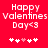 Red background with white pixelated text 'Happy Valentines Day<3' and five star-like symbols, one pink heart-shaped symbol in the center.