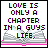 Pixelated animated icon shows an open book with pink hearts floating upward, displaying text about love in a chapter versus whole book metaphor.