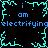 Pixelated cyan and blue text on black background with animated lightning effects, repeating 'i am electrifying' in two lines.