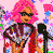 Pixelated animated contact sheet featuring a pink-haired character with sunglasses singing into microphones, repeated text elements, and colorful confetti-like background on a light pink canvas.