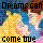 Pixelated image with bold black text 'Dreams can come true' over a colorful abstract background of yellow, blue, pink, and green hues.