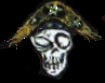 Animated skull wearing a tricorn hat with green and gold details, showing mouth opening/closing animation against black background.