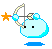 A 4-frame pixel art animation of a light blue blob character with black eyes holding a bow and arrow, alternating between orange and yellow stars as projectiles against a gray background.