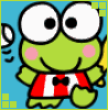 Green cartoon frog with large white eyes and black pupils, pink cheeks, red-and-white striped shirt, black bow tie, holding yellow object against blue background.