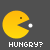 Yellow Pac-Man character with open mouth and white pellet, displayed in multiple cropped views on dark gray background with "HUNGRY?" text below each.