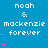 Blue background with white text 'noah & mackenzie forever' repeated in a , pink heart symbols animate vertically on the left and right sides