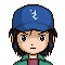 Pixel art character with blue cap, green jacket, and purple shirt showing multiple facial expressions including neutral, open mouth, and surprised states.