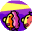A circular icon with two cartoon fish swimming left to right against a purple and yellow gradient background.