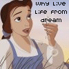 Animated cartoon character in blue overalls and white shirt holding a dandelion, with pixelated text overlays changing across frames.