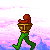 Pixel art character with brown hair and green pants walking while holding a golden basket, set against pink and blue pixelated background.