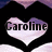 A heart-shaped icon with a gradient fill of purple and white, containing the text 'Caroline' in bold black letters against a solid black background.
