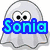 A static image shows a ghost, heart, pumpkin, dog, ellipsis, and rose with blue text overlays reading 'Sonia Loves Halloween and her friend is Samantha'.