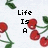Pixelated cherry cluster with text 'Life Is A Bowl Of Cherries' and a heart symbol on white background.