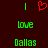 Red heart symbol flanked by green vertical lines above green text reading 'love' and 'Dallas' on dark background.