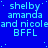 Blue background with repeated light blue text reading 'shelby amanda and nicole BFFL' in a pattern, some characters have partial punctuation