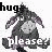 Pixelated animated icon shows a character in motion with text 'hug', 'please', and partial words changing across frames.