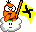 Pixelated orange character with white eyes and black pupils sits on white cloud with red mouth, holding yellow flag with black cross, flag's yellow border shifts between two states.