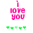 Pixelated pink text 'i love you' above green four-leaf clovers on white background